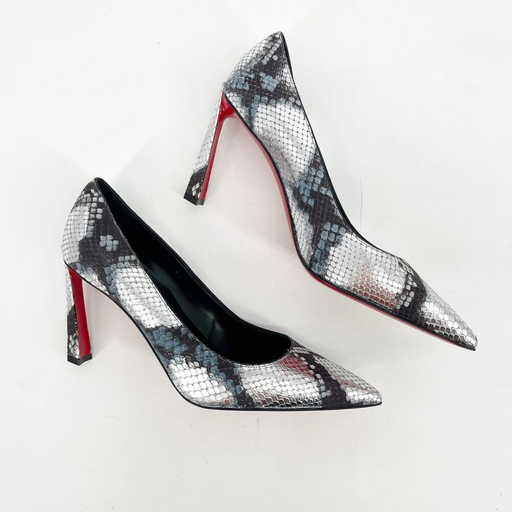 Christian Louboutin Condora 85 Silver Snake Embossed Pointed Toe Pumps EU 38.5 - Picture 3 of 10